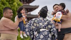Budaya “Crying Baby Sumo” atau dikenal sebagai Naki Sumo Festival merupakan tradisi unik dari negara Jepang yang melibatkan bayi dan pegulat Sumo. (AFP/Yuichi Yamazaki)