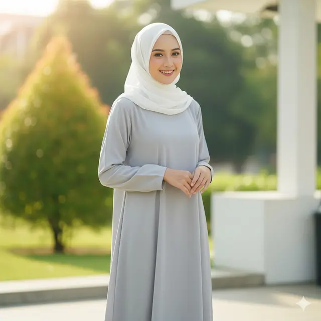 Dress Abu-Abu Pastel dengan Hijab Putih