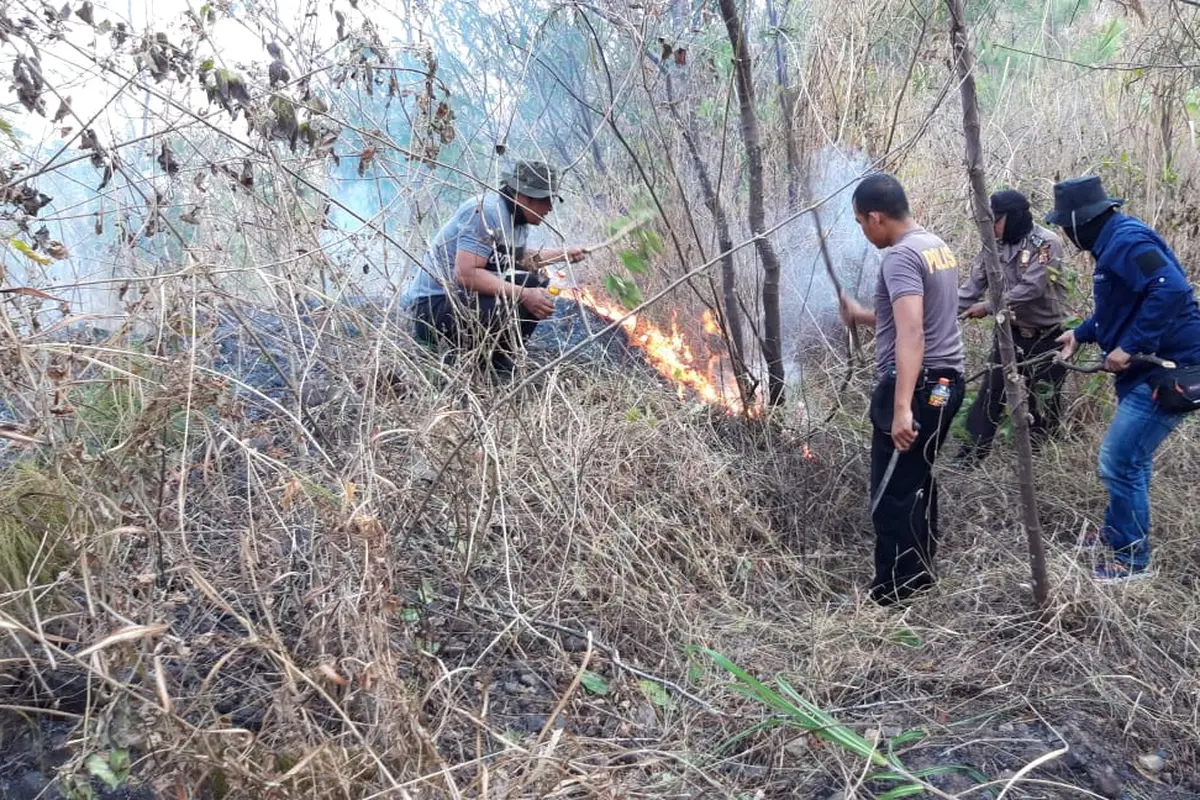 Gabungan anggota TNI dan Polisi dari Polsek Tarogong Kaler, bersigap memadamkan titik api dalam kebakaran hutan di kaki Hutan Gunung Guntur Beberapa waktu lalu