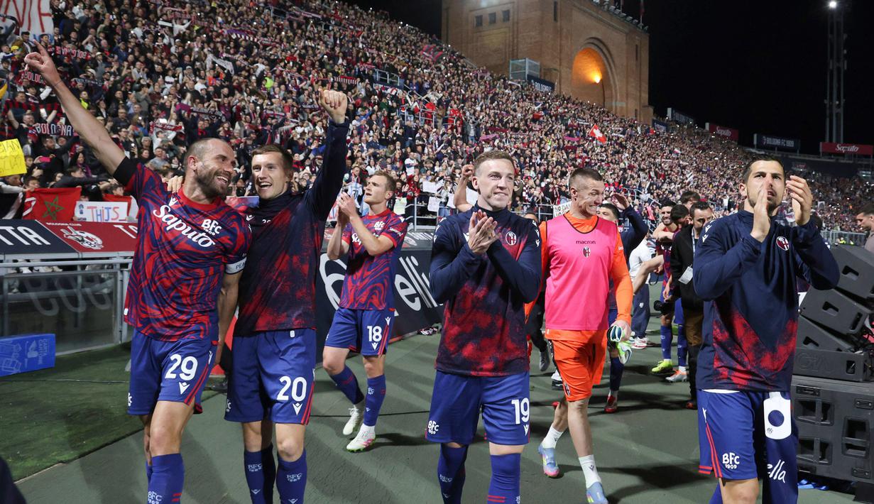 Bologna sukses melaju ke final Coppa Italia 2025 setelah mengalahkan Empoli 2-1 pada laga leg kedua semifinal yang berlangsung di Stadion Renato Dall'Ara, Jumat dini hari WIB. (Michele Nucci/LaPresse via AP)
