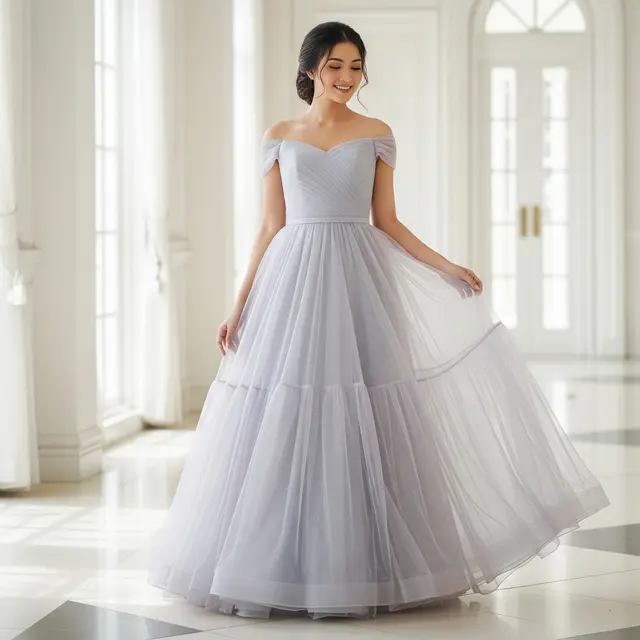 9 Model Long Dress Bahan Tulle dengan Potongan Princess Ball Gown, Tampil Memukau