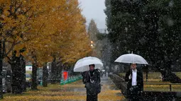 Dua pria berpayung saat salju turun di Tokyo, Jepang, Kamis (24/11). Terakhir salju turun pada 54 tahun yang lalu tepatnya tahun 1961. (REUTERS / Toru Hanai)