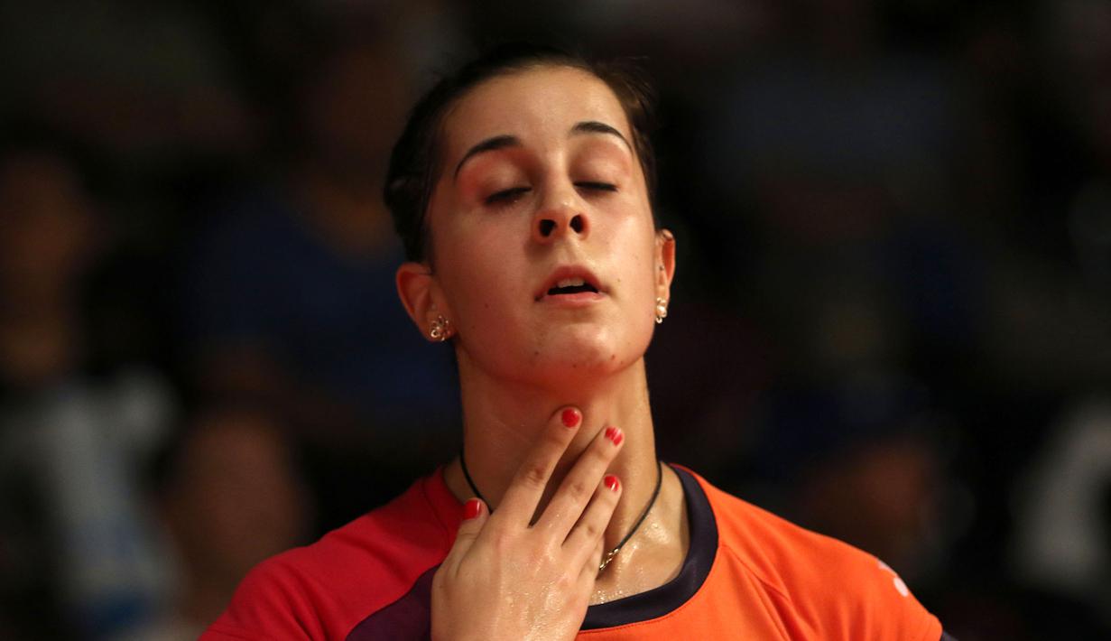 Carolina Marin, juara dunia tunggal putri 2014 hadir di Kejuaraan Dunia Bulutangkis 2015 di Istora Gelora Bung Karno, Jakarta. (Bola.com/Arief Bagus)