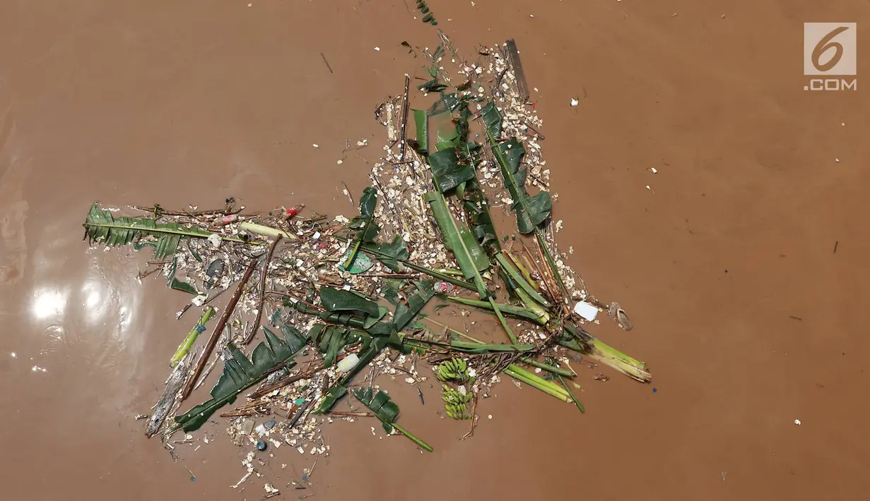 Sampah terlihat di aliran Sungai Ciliwung yang meluap di kawasan Pejaten Timur, Jakarta, Jumat (26/4). Banjir kiriman melalui Sungai Ciliwung yang berasal dari Bogor tersebut mengakibatkan sejumah wilayah di Ibukota terendam banjir. (Liputan6.com/Immanuel Antonius)