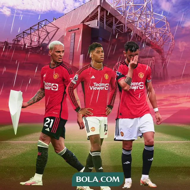 Manchester United - Ilustrasi Marcus Rashford, Bruno Fernandes, dan Antony