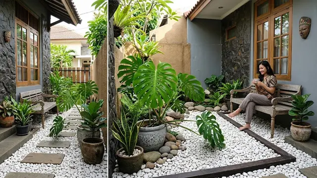 6 Taman Kering dengan Batu Koral dan Monstera, Halaman Rumah Makin Sejuk
