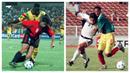 Aksi pemain Spanyol, Pablo Counago saat menghadapi Ghana (kiri) dan Mali pada laga perempatfinal dan semifinal Piala Dunia Remaja 1999 di Ahmadou Bello Stadium, Nigeria, 18 dan 21 April 1999. Pablo Counago berhasil meraih gelar top skor Piala Dunia U-20 pada edisi 1999 saat masih bernama Piala Dunia Remaja di Nigeria dengan raihan 5 gol bersanding dengan pemain Mali, Mahamadou Dissa. Spanyol sendiri sukses meraih gelar juara setelah menang 4-0 atas Jepang pada partai final. (Kolase AFP/Seyllou)