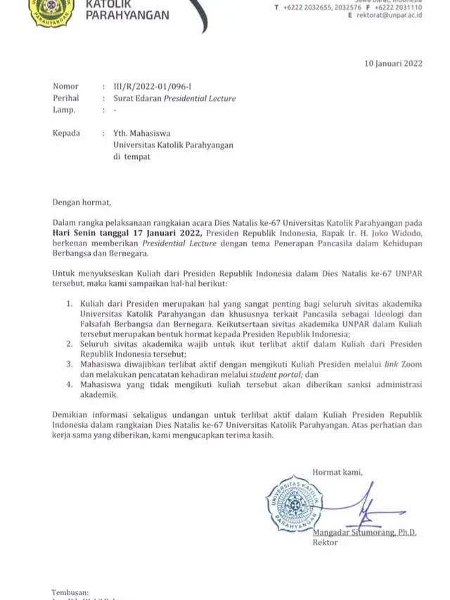 viral surat edaran mahasiswa Unpar wajib mengikuti perkuliahan Presiden Jokowi
