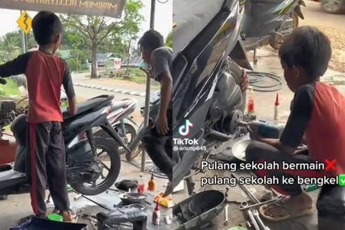 Viral, Seorang Bocah Kerja di Bengkel Bantu Orang Tua, Aksinya Ini Tuai Pujian