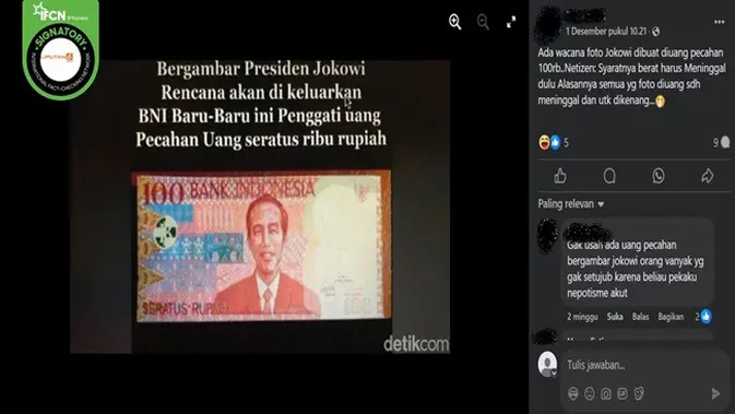<p>Gambar tangkapan layar foto yang diklaim uang kertas pecahan Rp 100 bergambar Presiden ke-7 RI Jokowi. (sumber: Facebook)</p>