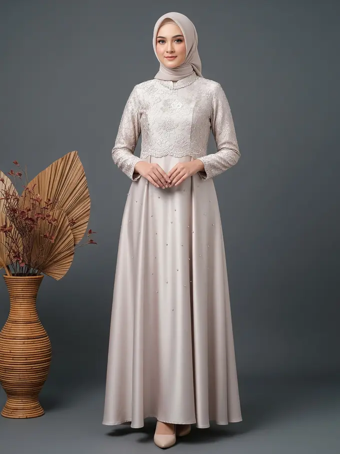 Model Gamis Brokat Dada Simple tapi Mewah