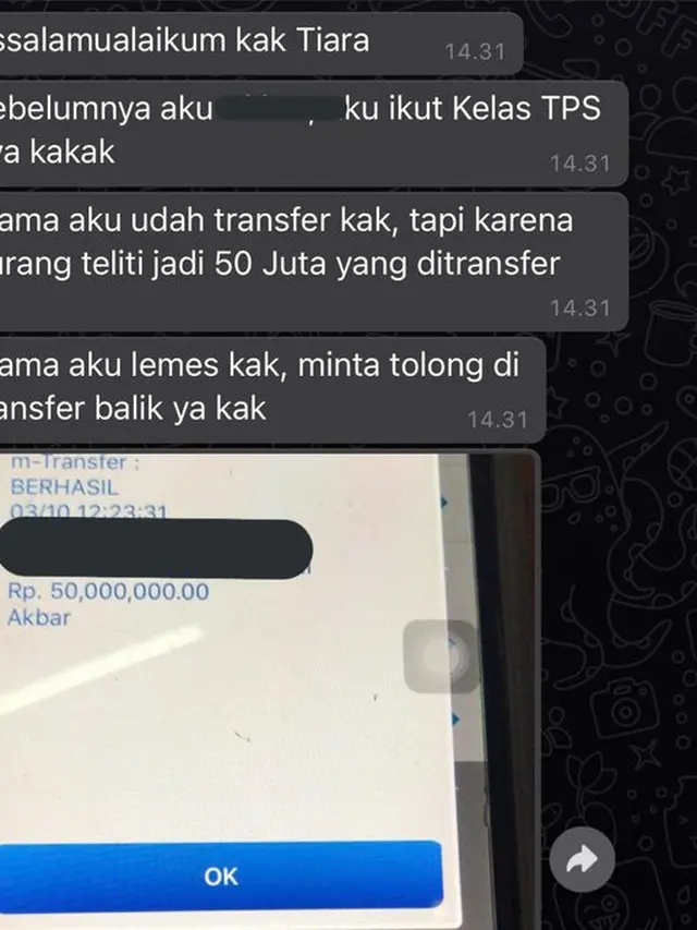 5 Chat Kelebihan Transfer Uang Puluhan Juta Ini Bikin Panik