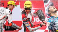 Francesco Bagnaia (kiri), Takaaki Nakagami (tengah), dan Jack Miller, meraih kemenangan pertama di kelas masing-masing pada GP Assen di Belanda, Minggu (26/6/2016). (Bola.com/Twitter/MotoGP)