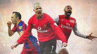 Ilustrasi - Andres Iniesta, David Beckham, Thierry Henry (Bola.com/Adreanus Titus)
