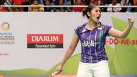 Tunggal putri Indonesia Linda Wenifanetri meluapkan kegembiraan usai menyingkirkan Li Michelle di BCA Indonesia Open Superseries 2015 (Humas PP PBSI)