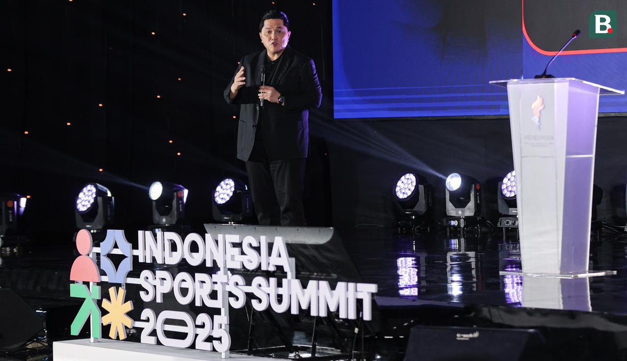 Menpora Erick Thohir pada acara pembukaan Indonesia Sports Summit 2025 (ISS 2025) resmi digelar di Indonesia Arena, Senayan, Jakarta pada Sabtu (6/12/2025).