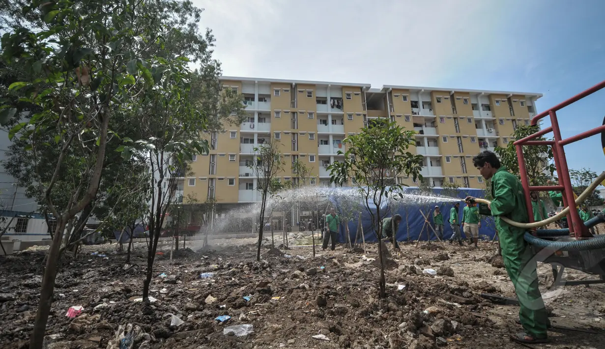 Petugas menyiram pohon di sekitar Rusun Muara Baru, Jakarta, Rabu (22/4/2015). Minimnya air bersih di rusun tersebut membuat kementerian pekerja umum menyediakan alat penyulingan air . (Liputan6.com/Faizal Fanani)