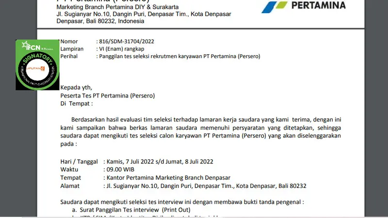 Tangkapan layar surat pemanggilan seleksi pegawai Pertamina