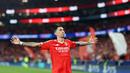 Pemain Benfica, Angel Di Maria, melakukan selebrasi setelah mencetak gol ke gawang Atletico Madrid pada matchday kedua Liga Champions di Estadio do Benfica, Kamis (3/10/2024). (AFP/Filipe Amorim)