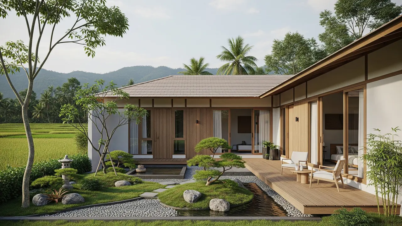 Model Rumah Sederhana Tapi Mewah Gaya Japandi dengan Taman Mini/ Ilustrasi AI