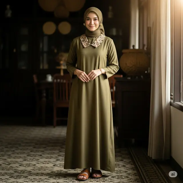 Gamis Olive dengan Aksen Batik Kerah