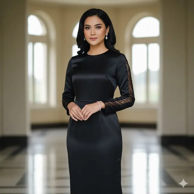 Long Dress Silk dengan Detail Renda