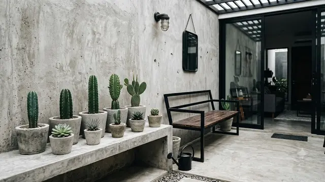 Ide Teras Monokrom dengan Kaktus Mini dan Pot Semen (AI Generated)