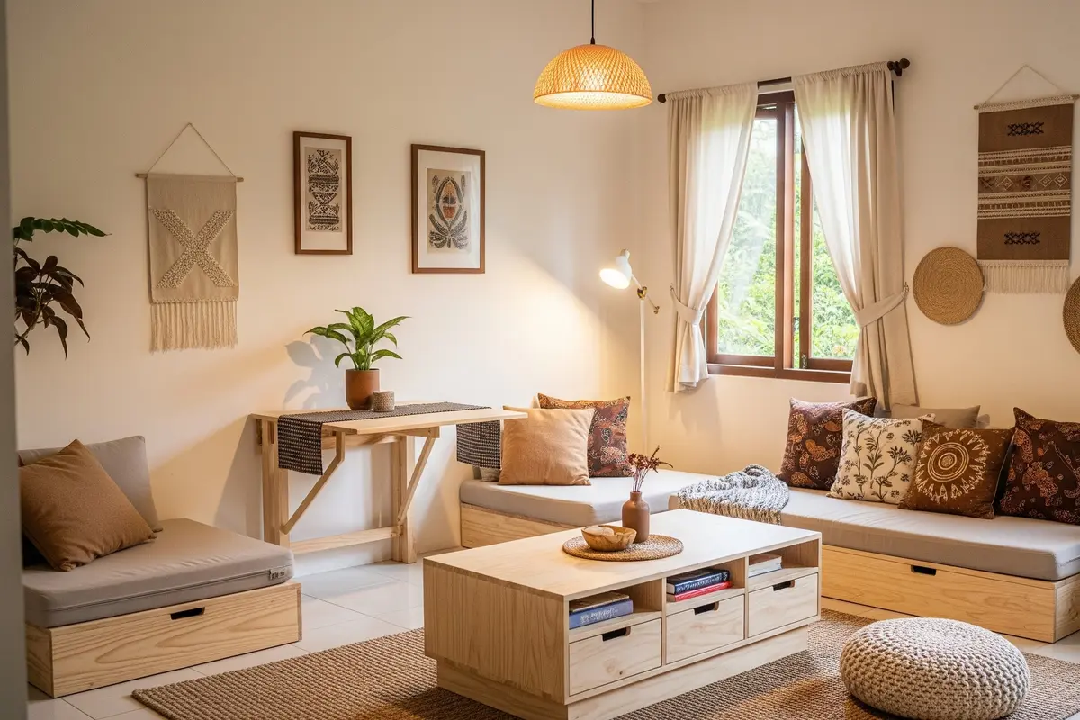 Desain Ruang Tamu Rumah Kampung Minimalis yang Nyaman Buat Nerima Tamu Model Pemanfaatan Furnitur Multifungsi