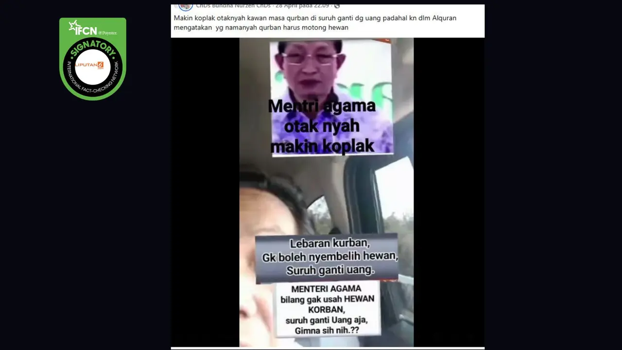 Cek Fakta Liputan6.com menangkap layar klaim Menteri Agama Nasaruddin Umar larang sembelih hewan kurban dan diganti dengan uang.
