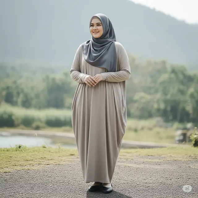 Gamis Batwing Longgar Warna Oat