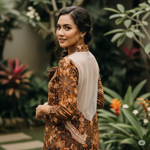 Tunik Batik Kombi Brokat Lengan Balon Motif Modern