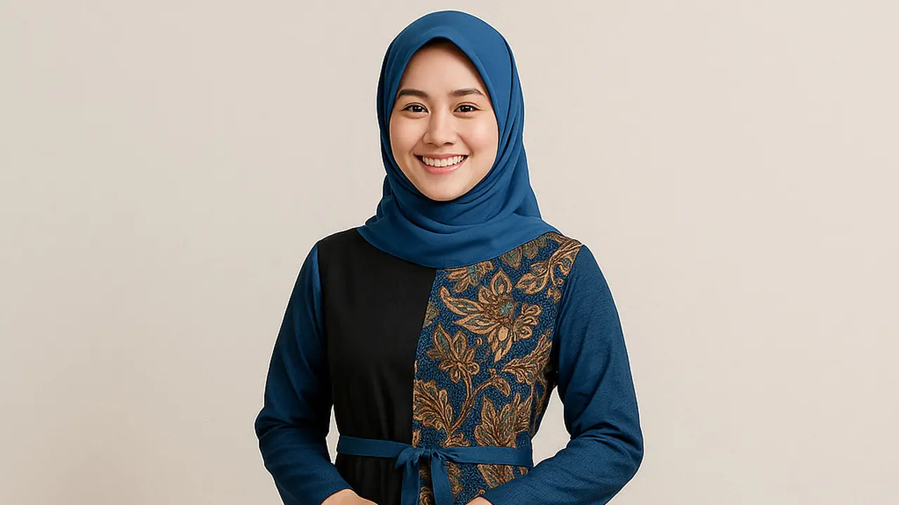 Dress Batik Kombinasi Kain Polos Warna Biru dan Hitam Modern/Ilustrasi AI