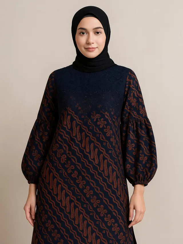 Model Tunik Batik Kombinasi Brokat Lengan Bishop