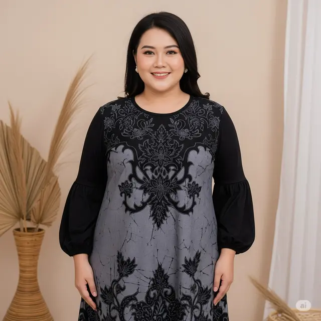 Model Baju Batik Kombinasi Kain Polos untuk Wanita Gemuk. Foto: Gemini