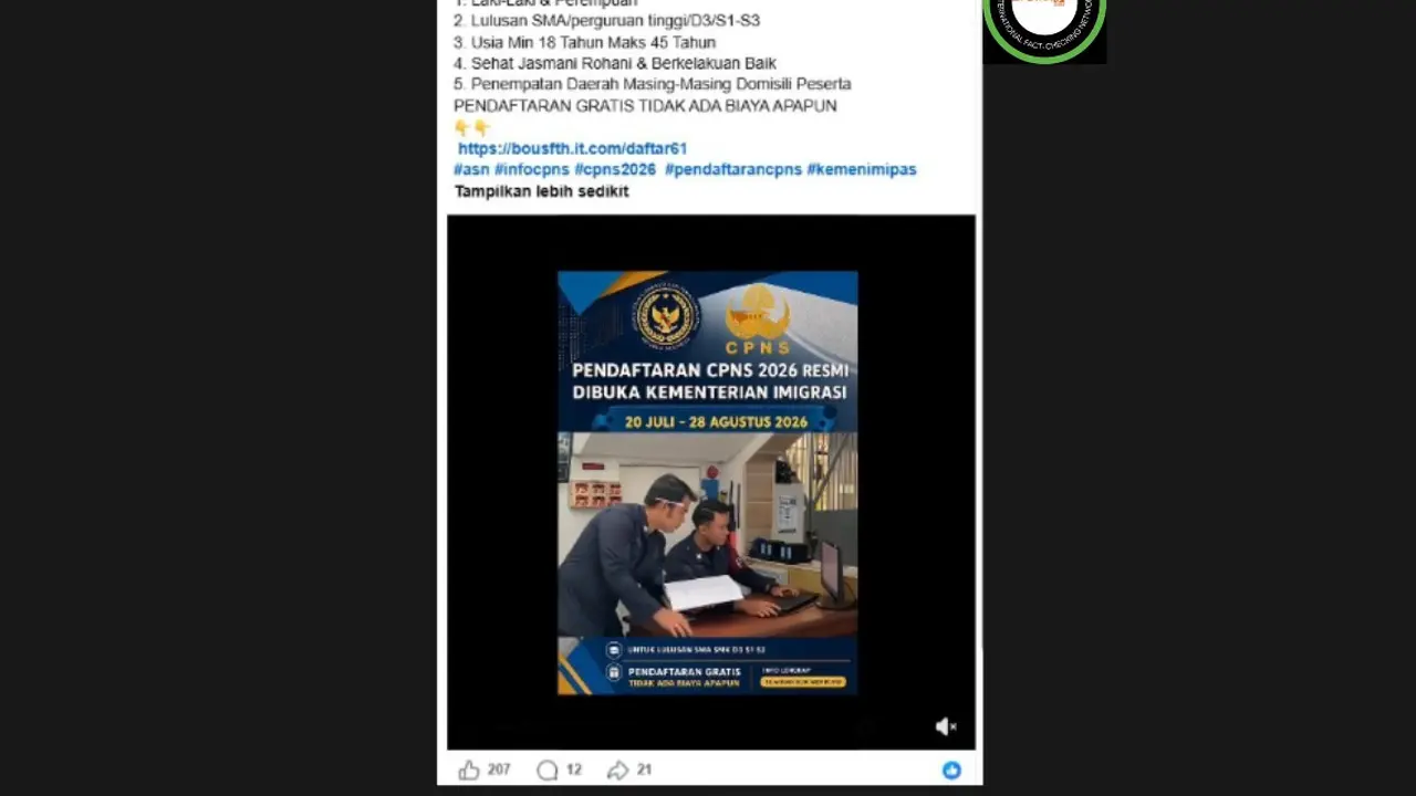 Cek Fakta Liputan6.com mendapati klaim link pendaftaran CPNS Kementerian Imigrasi dan Pemasyarakatan periode 20 Juli-28 Agustus 2026.