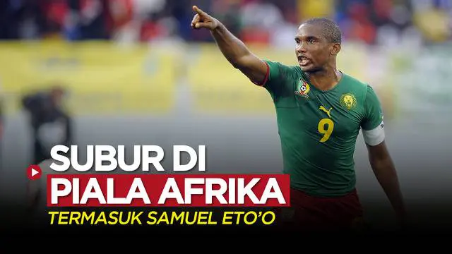 Berita motion grafis para pencetak total gol terbanyak sepanjang sejarah Piala Afrika, termasuk Samuel Eto'o.