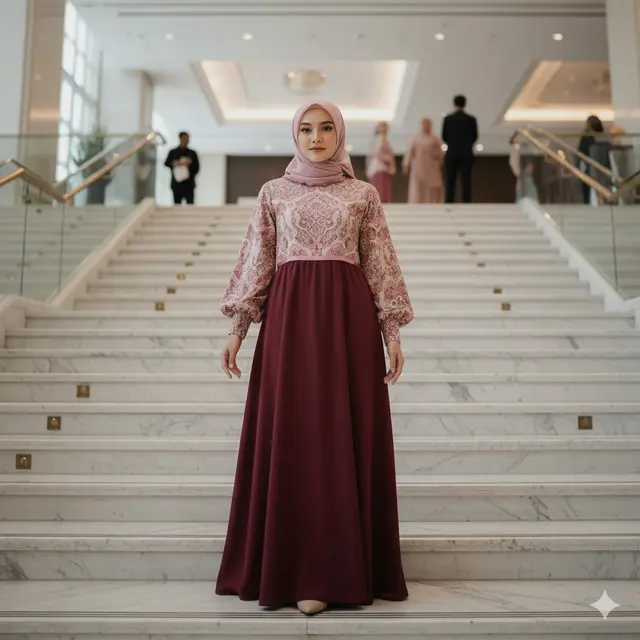 Gamis Batik Lengan Balon  Dusty Pink