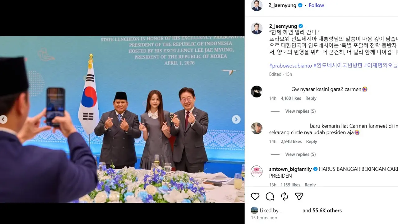 Carmen Hearts2Hearts bersama Presiden Prabowo dan Lee Jae Myung. (Instagram/ 2_jaemyung)