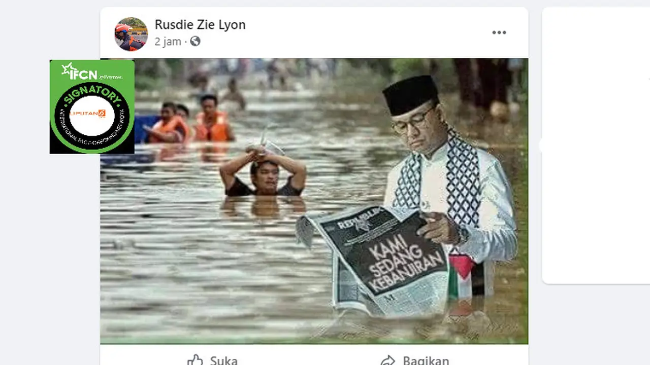 Cek Fakta Liputan6.com menelusuri foto Anies Baswedan membaca koran dalam banjir
