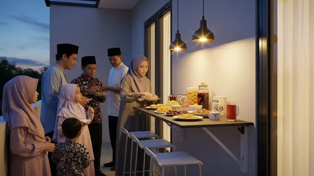 Teras dengan Meja Bar Lipat dan Kursi Tinggi
