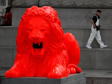 Wisatawan berjalan di dekat singa fluorescent merah yang bergabung dengan empat singa tradisional lainnya di Trafalgar Square di London (19/9). Patung Singa merah tersebut dipajang sebagai bagian dari Festival Desain London. (AP Photo/Frank Augstein)