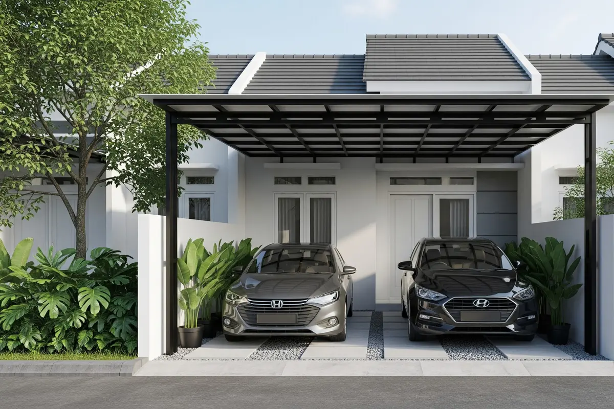 Model Carport Minimalis untuk 2 Mobil di Lahan Sempit dengan Rangka Besi Hollow