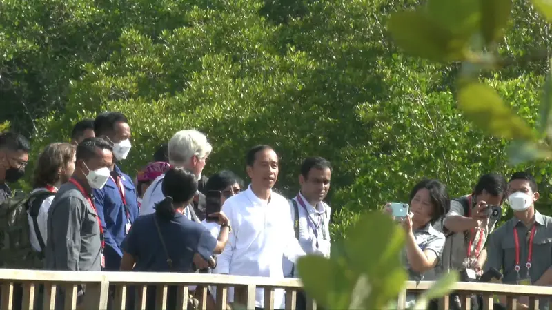 Presiden Joko Widodo (Jokowi) mengajak Delegasi Konferensi Tingkat Tinggi G20 (KTT G20) ke Taman Hutan Raya Mangrove Ngurah Rai Bali, Rabu (16/11/2022).