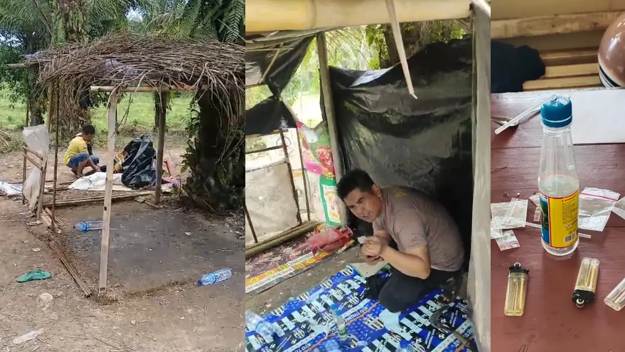 Sebuah gubuk di tengah kebun sawit di Lampung Tengah dibongkar dan dibakar polisi, diduga dijadikan sebagai tempat pesta narkoba. Foto : (Istimewa).