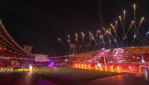 Suasana upacara penutupan SEA Games 2025 di Rajamangala Stadium, Bangkok, Thailand, Sabtu (20/12/2025). Upacara penutupan SEA Games 2025 Thailand menandai berakhirnya pesta olahraga terbesar se-Asia Tenggara yang berlangsung sejak 9 Desember 2025. (Bola.com/Bagaskara Lazuardi)