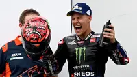 Pembalap Monster Energy Yamaha, Fabio Quartararo, berhasil finis di posisi kedua MotoGP Mandalika 2022 di Sirkuit Mandalika, Minggu (20/3/2022) sore WIB. (AFP/SONNY TUMBELAKA)