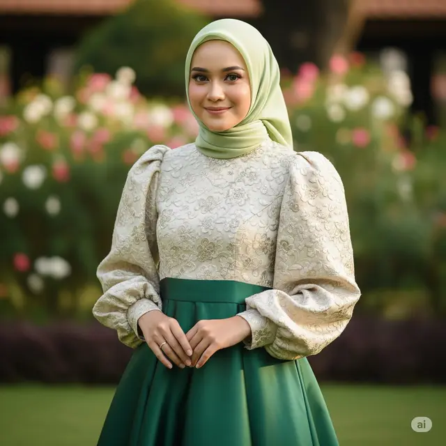 Gamis Lengan Balon dengan Rok Satin Mengembang