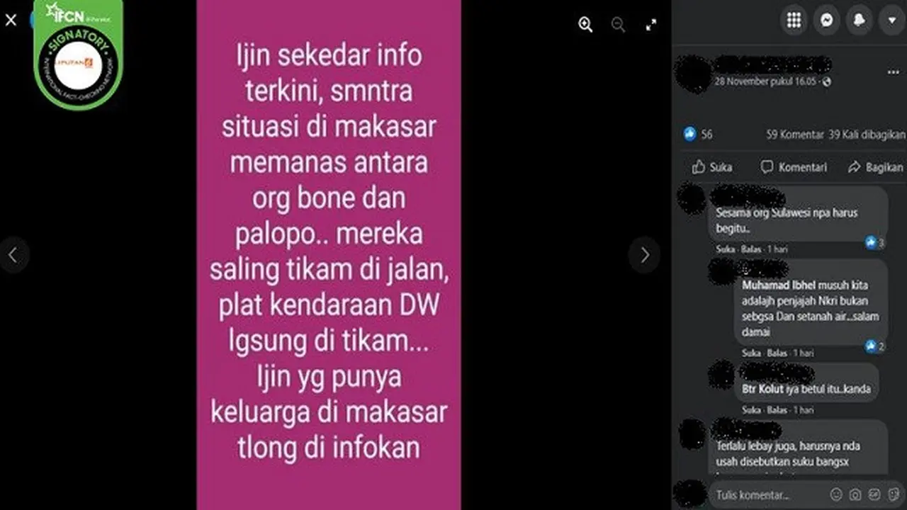 Gambar Tangkapan Layar Kabar Sejumlah Orang Melakukan Sweeping Kendaraan Plat DW di Makassar (sumber: Facebook).