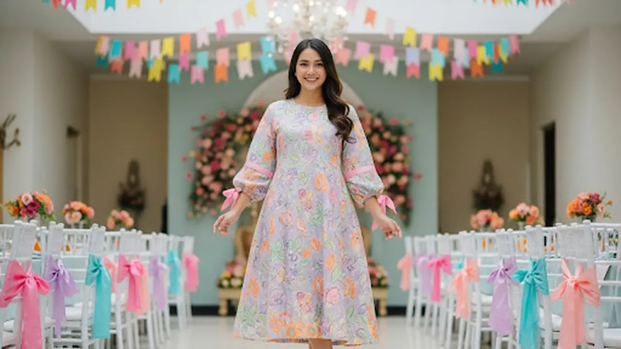 Midi Dress Batik dengan Detail Tali di Lengan Bishop