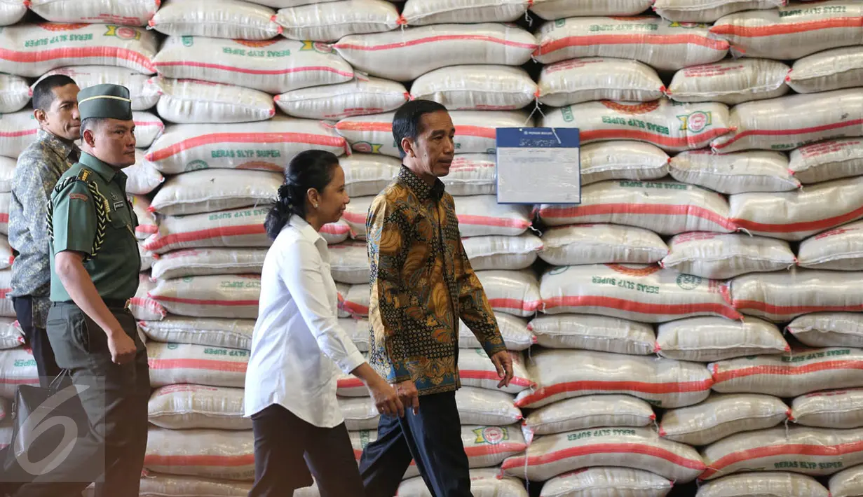 Presiden Jokowi (kanan) didampingi Menteri BUMN Rini Soemarno meninjau stok beras di Gudang Bulog, Jakarta, Jumat (2/10). Jokowi melepas secara simbolis 1.034 ton beras untuk 5 kota besar di Indonesia. (Liputan6.com/Faizal Fanani)